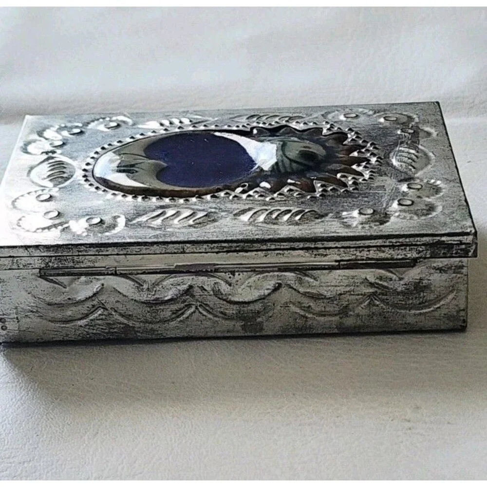 Vintage Celestial Moon Sun Pottery Aluminum Jewelry Trinket Box RARE